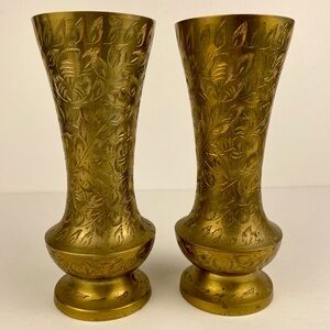 Pair of Vintage Brass Vases 7 x 2.5 in Etched Floral Design Made in India